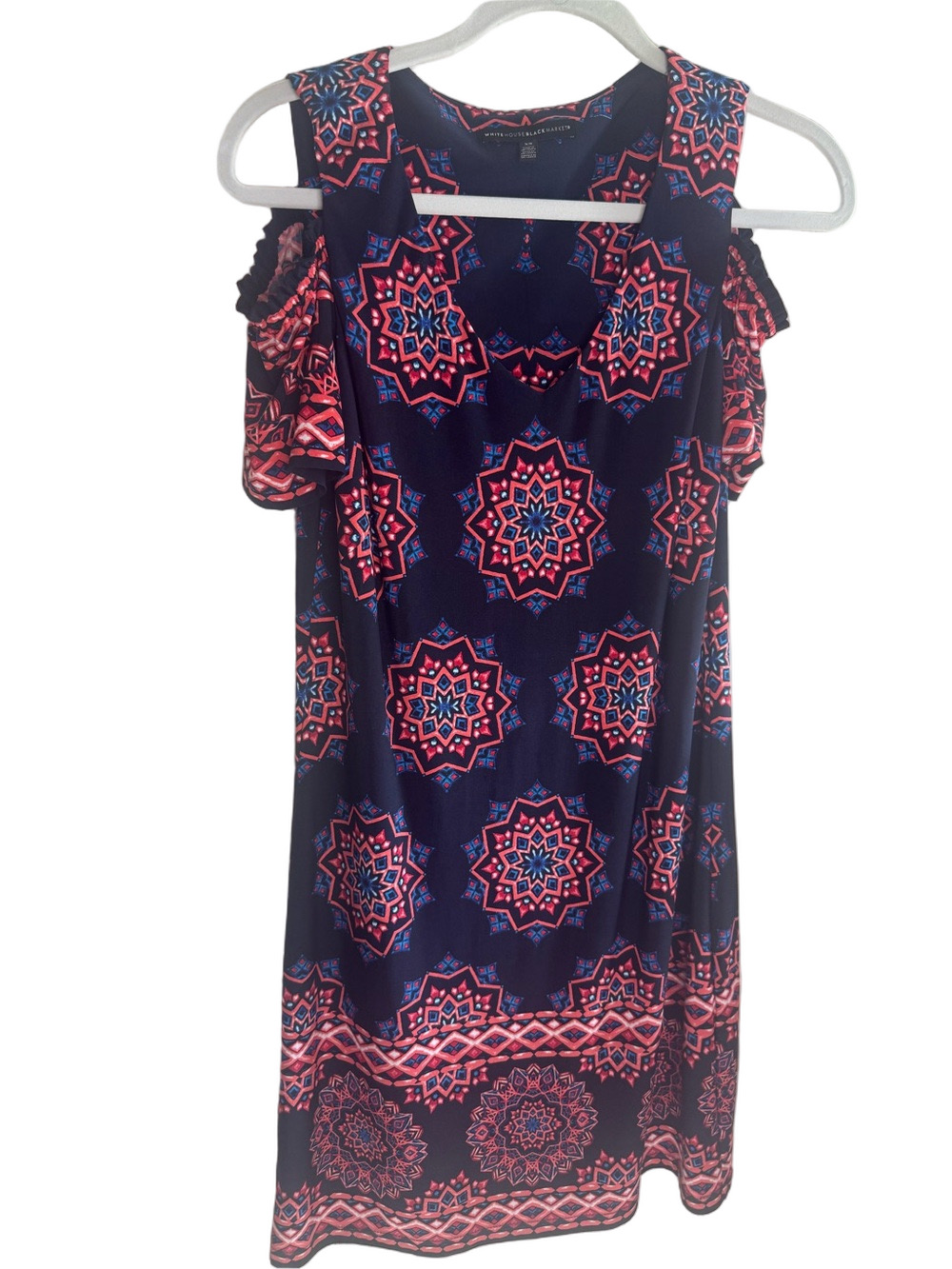 White House Black Market Navy Dress with Multicolor Medallion Print Size XS